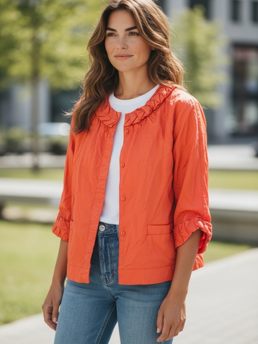 Chloe Coral-Orange Ruffle-Trim Lightweight Blazer
